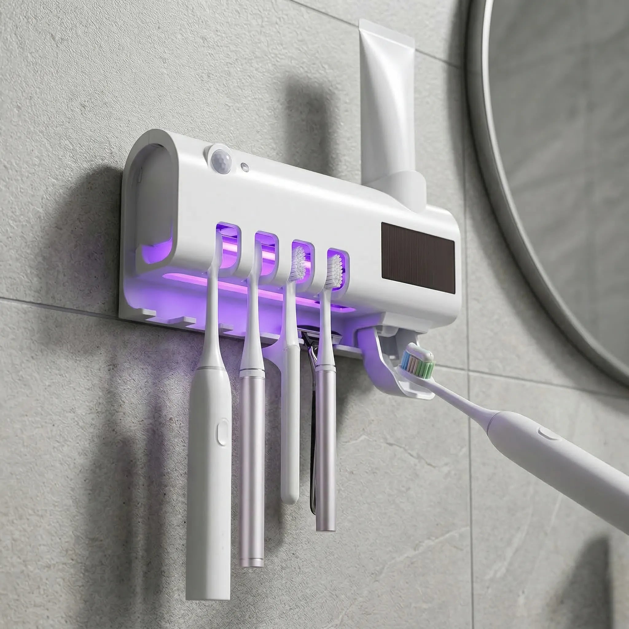 Suport cu Sterilizator UV pentru Periuțe de Dinți și Dozator de Pastă – 5 Periuțe, Montaj Fără Găurire