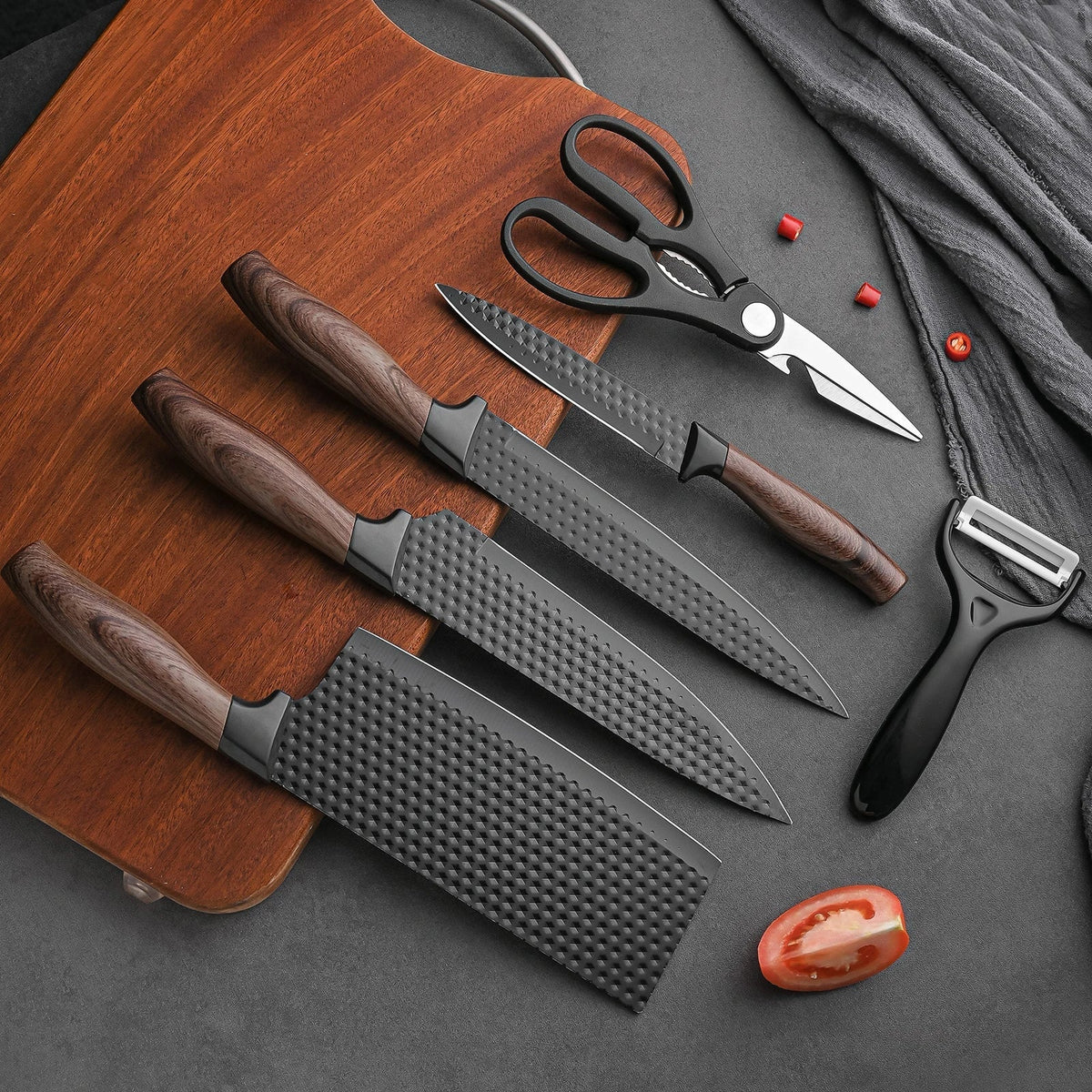 Set Cuțite Bucătărie din Inox, 6 Piese, 4 Cuțite, Foarfecă din Oțel Inoxidabil și Cuțit Ceramic de Decojit