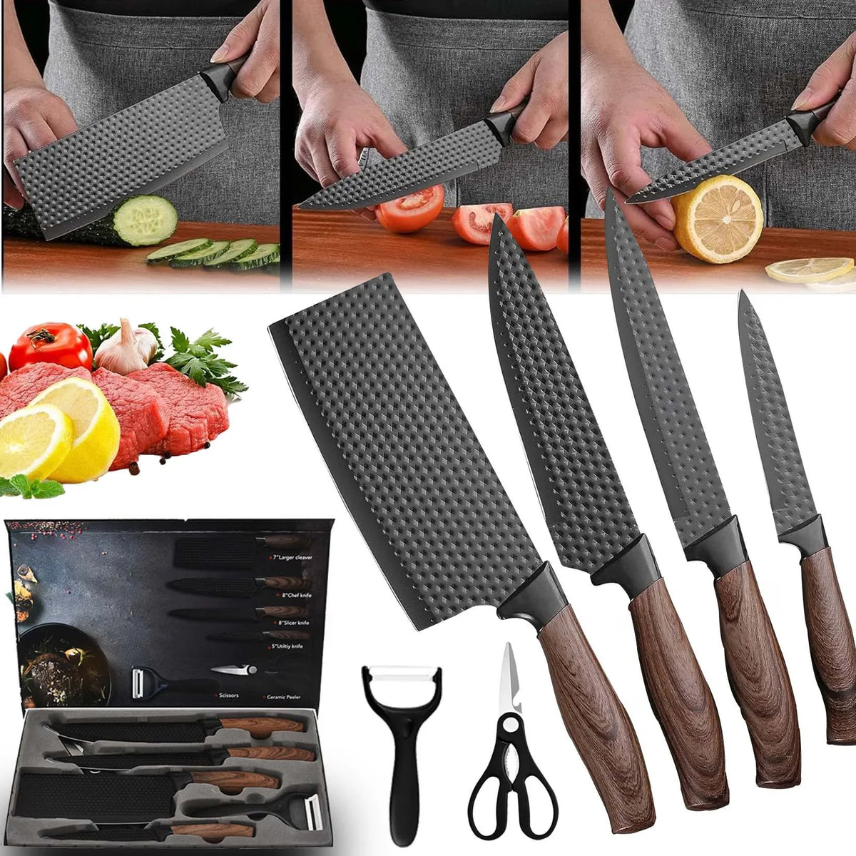 Set Cuțite Bucătărie din Inox, 6 Piese, 4 Cuțite, Foarfecă din Oțel Inoxidabil și Cuțit Ceramic de Decojit