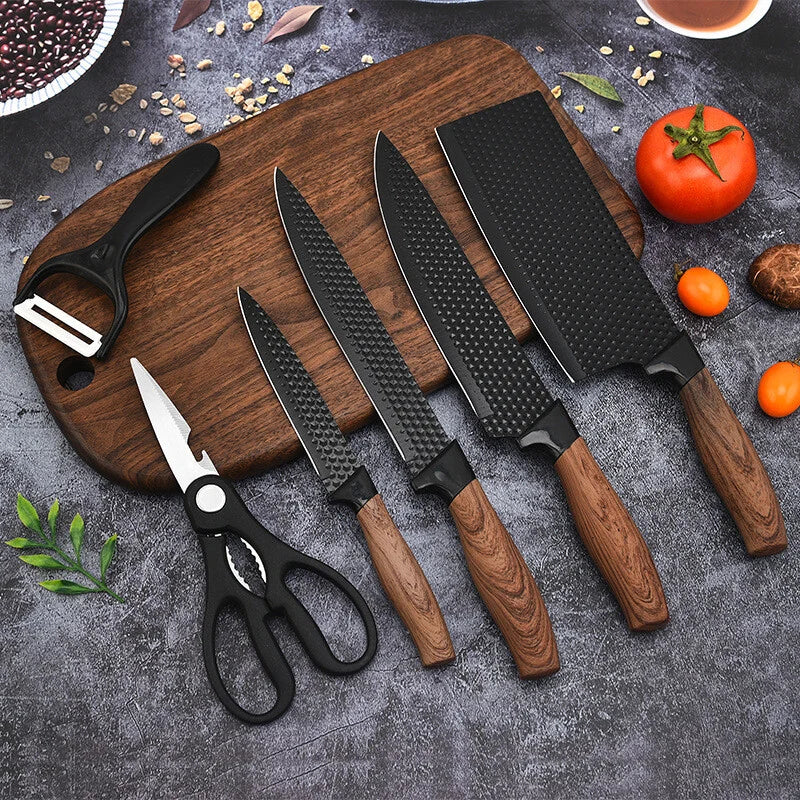 Set Cuțite Bucătărie din Inox, 6 Piese, 4 Cuțite, Foarfecă din Oțel Inoxidabil și Cuțit Ceramic de Decojit