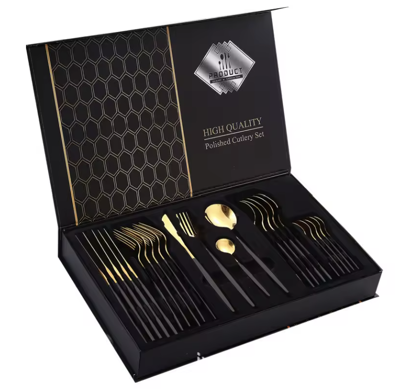 Set Tacâmuri Malooki, 24 Piese, Inox, Negru cu Auriu, pentru 6 Persoane, Design Elegant